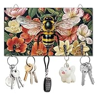 DELORIGIN Bee Flowers Key Holder Key Hooks Wall Mounted Wooden Key Racks with 5 Hooks Key Storage Organizer House Key Hanger for Wall Decor Door Entryway Hallway Kitchen New Home Gift