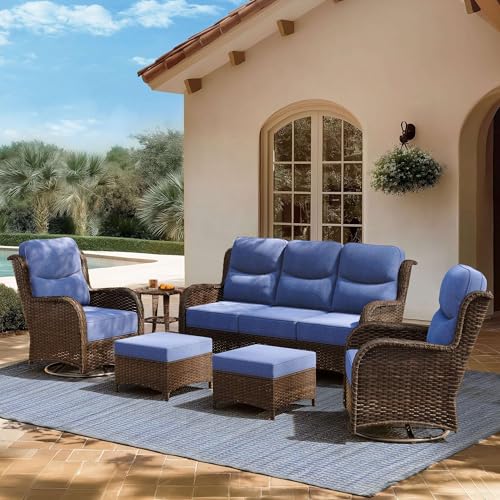 NUSBAY Patio Furniture Set with 6-Inch Thick Cushions, 6PCS High Back Outdoor Couch and Swivel Rocker Chairs, Wicker Conversation Set for Porch, Deck, Yard in Blue