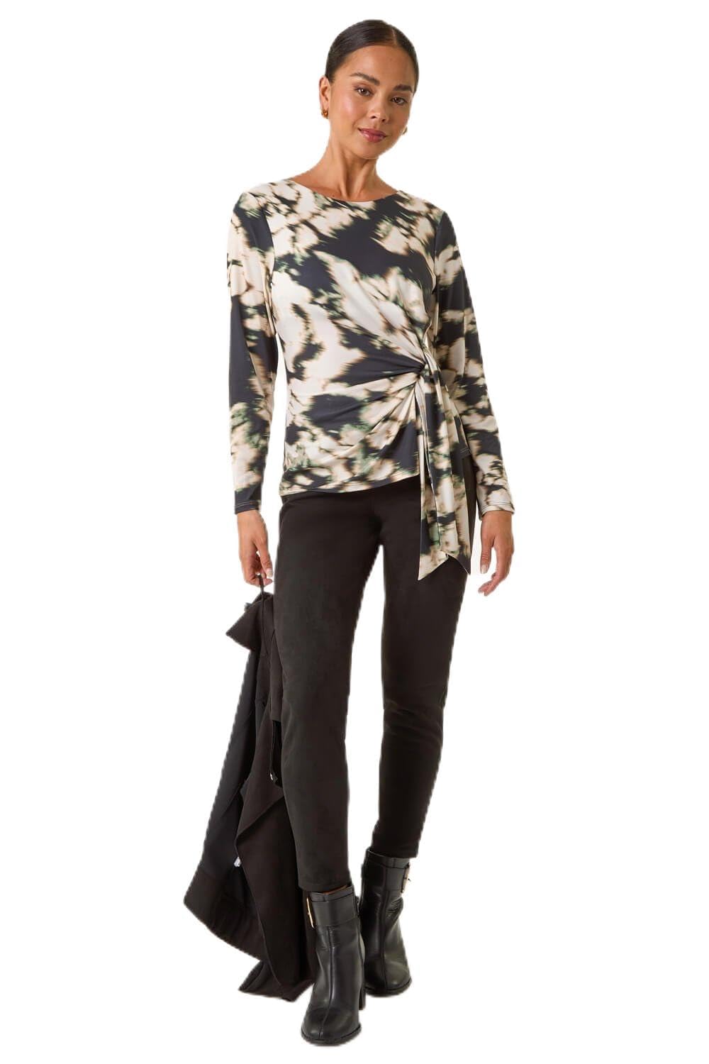 Roman Petite Abstract Tie Side Top for Women UK - Ladies Everyday Autumn Winter Round Neckline Comfy Soft Evening Vacation Work Party Night Out - Petite Black - Size 12