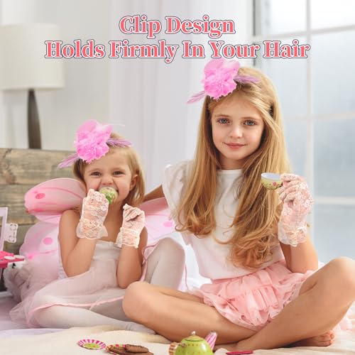 JaGely 12 Pcs Tea Party Fascinator Set Flower Mesh Ribbons Feathers Tea Party Hats for Girls with Lace Gloves for Girls Kids (Bright Color)4