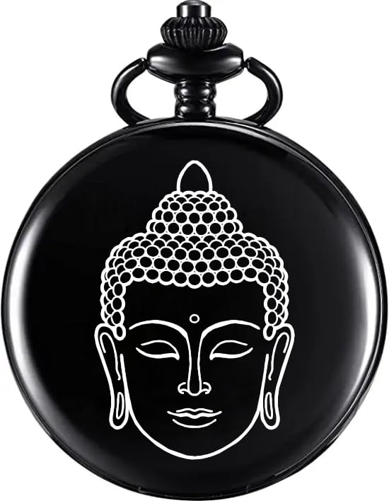 Image of Vintage Gandhi Style Pocket Watch with Engraved Designs & Messages Royal Black Analog for Men Women & Kids Includes Key Ring for car or Bike Keys Ideal Gift