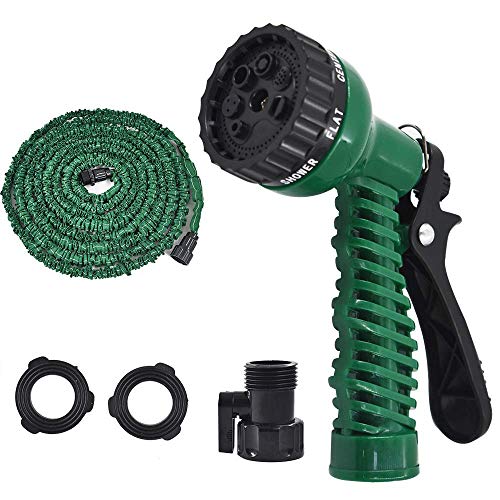 Garden Hose - Expandable Water Hose, Flexible Expanding Pressure Water Hose with 7 Functional Spray Nozzles, Triple Layer Latex Core & Improved Extra Strength Fabric (25FT, Dark Green)