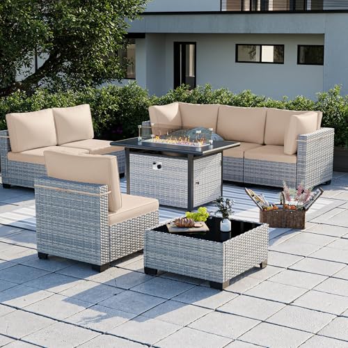 Image of Outdoor PE Wicker Rattan Modular Patio Sectional Sofa Set | 8-Piece: 6 Modular Seats, Coffee Table & 55,000 BTU Fire Pit Table, Khaki