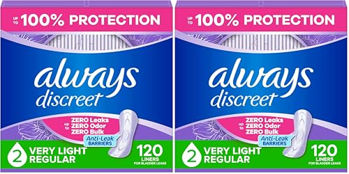 Image of Always Discreet Incontinence Panty Liners for Bladder Leaks, Size 2, Very Light Absorbency, 120 Count (Pack of 2)