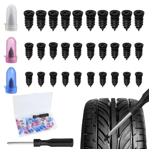 Aihoom 30Pcs Tyre Repair Kit Rubber Nails with Screwdriver Car Puncture Repair Kit with Storage Box Fast Tire Repair Nail Tool Universal Tyre Repair Nails for Auto Car Motorcycle(10S+10M+10L)