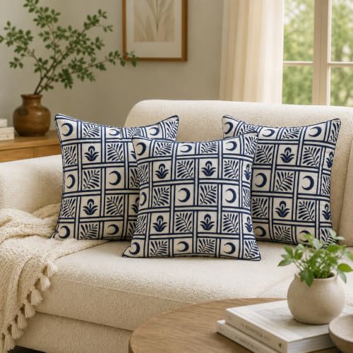 Image of Indigo Grid Leaf Embroidered Cushion Cover | Decorative Sofa Pillow Cover | Hidden Zipper | Premium Cotton Fabric | 16 x 16 Inch | Pack of 1