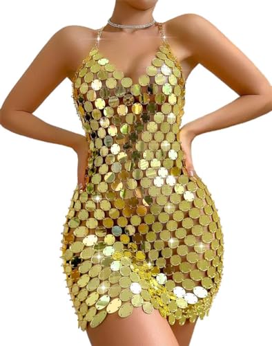 BODIY Gold Dot Sequins Chainmail Dress Sparkly Slip Mini Dresses Club Sleeveless V Neck Dress for Women