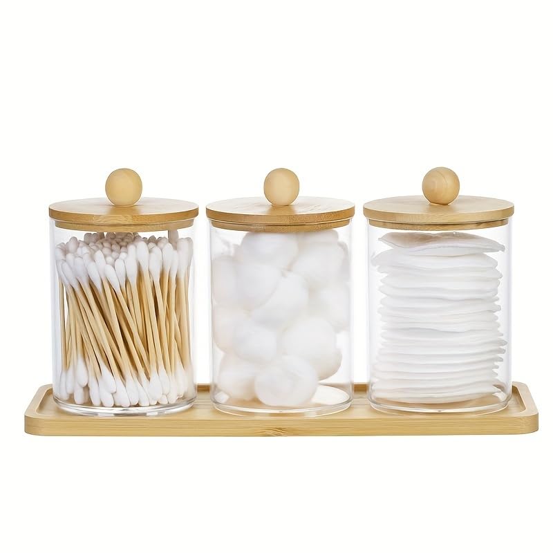 3-Pack Cotton Swab Storage Box with Tray Wood Tone - Plastic Q-Tip Organizer for Bathroom Vanity Flip Top