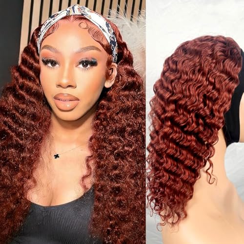 Image of XSY Deep Wave Headband Wig Human Hair Reddish Brown #33 Red Colored Glueless None Lace Front Wig Brazilian Virgin Human Hair Half Wigs for Black Women 20 Inch