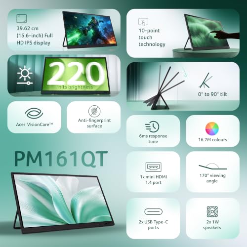 Image of Acer PM161QT 15.6 Inch Full HD IPS Portable Touch Monitor | 10-Point Multi-Touch | USB Type-C & Mini HDMI | Anti-Fingerprint Screen | Built-in Speakers | VisionCare | Multi Angle Adjustable Stand