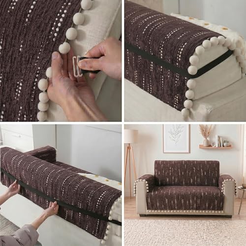 Image of Story@Home Chenille Sofa Cover 2 Seater with Back Covers (152x122Cm) & Arm Rest Covers | Anti Slip Sofa Mat for 1 /2 /3 Seater & L Shape Sofa Cover - Mocha & Ivory