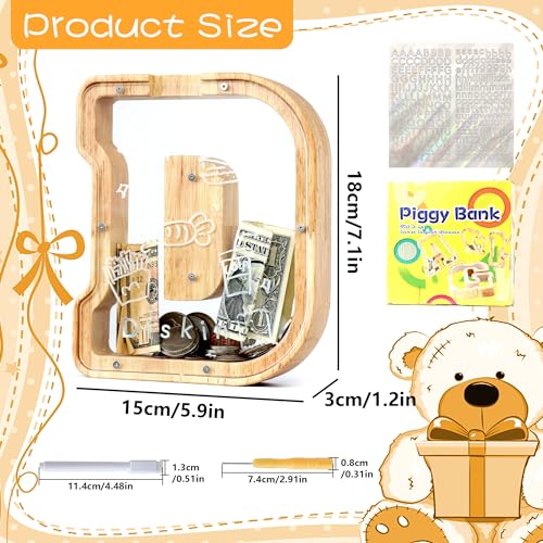 Mikytoper Letter Money Box for Kids Wooden Personalized A-Z Alphabet Piggy Bank Clear Money Bank Coin Bank for Gift Decoration Baptism (D) - Image 2
