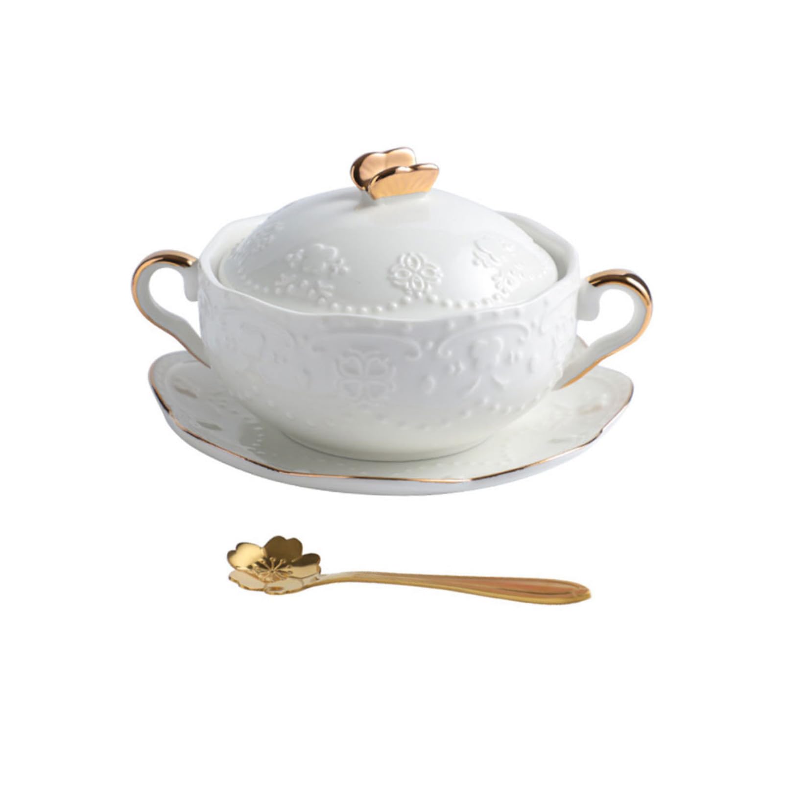 Cuenco de Cerámica Blanco de 3 Piezas con Tapa y Cuchara