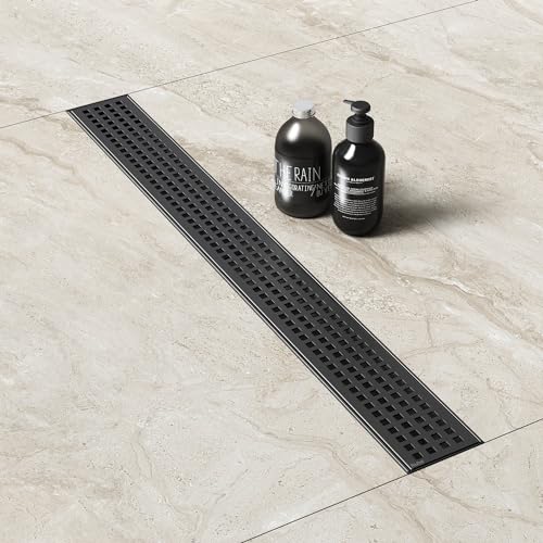 Image of Ruhe Palo 32 x 3 Inches Shower Drain Channel | 304 Stainless Steel Black PVD Shower Water Drain Channel /Waste Water Floor Drain & Side Hole