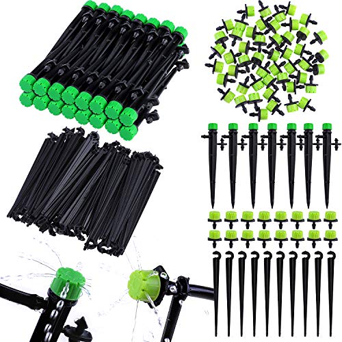Elcoho 150 Pieces Drip Irrigation System Sets, Adjustable Water Flow Drip Emitters Micro Drip Irrigation Sprinklers Drippers Support Stakes for Watering System, for 1/4 Inch Hose
