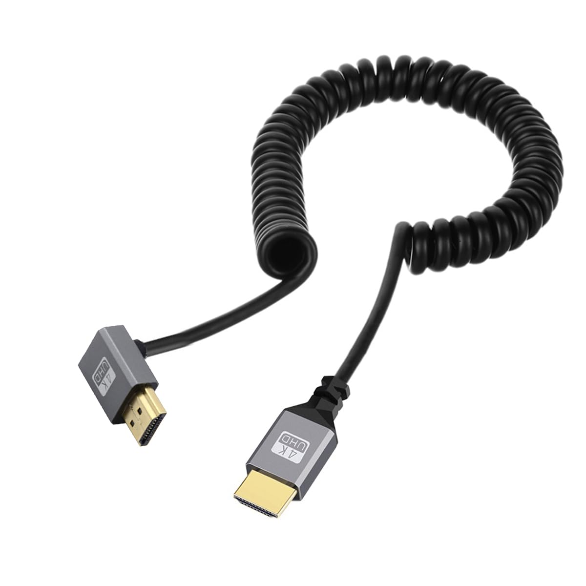 NFHK HDMI 2.0 Male to HDMI Male 4K 60hz Stretch Coiled Cable Up Angled 90 Degree for HDTV Computer Laptop Monitor