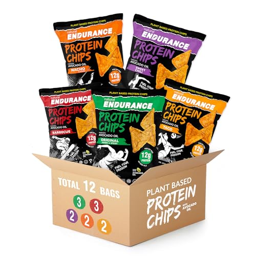 Natural Endurance Protein Chips - Healthy Low Carb Chips 12g of Protein per Bag Non GMO Made with Avocado Oil Vegan Nut Free On the Go Snack - Variety Pack 1.38 oz Bags (Pack of 12)