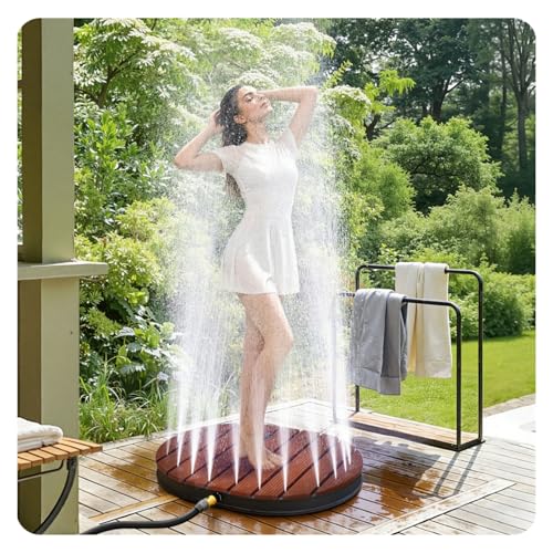 Bodendusche Outdoor WPC Gartendusche Außendusche mit Bodenplatte Pooldusche mit 22 Messingdüsen Wasserfontäne bis 4 m Kalt-/Warmwasser Y-Verteiler 300 kg Tragetasche