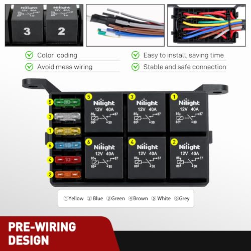 Image of Nilight 12V Fuse Relay Box 6 Relays 4pin 40A 6 Fuses Pre-Wired Block Kit | 6-Way ATC /ATO Blade Fuses Holder 12AWG Pre-Wired Relay Box Universal for Automotive Car Truck Camper Boat