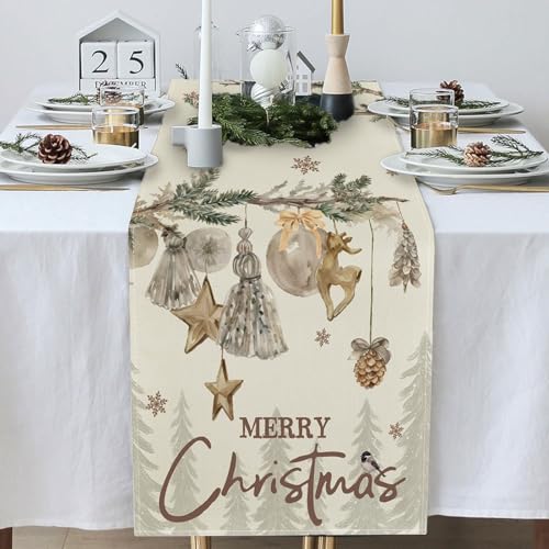 SSKHE Camino de mesa de Navidad de 33 x 183 cm, decoración de mesa de Navidad con árboles, ciervos, campanas, copos de nieve, camino de mesa dorado y plateado para comedor, cocina, fiesta de