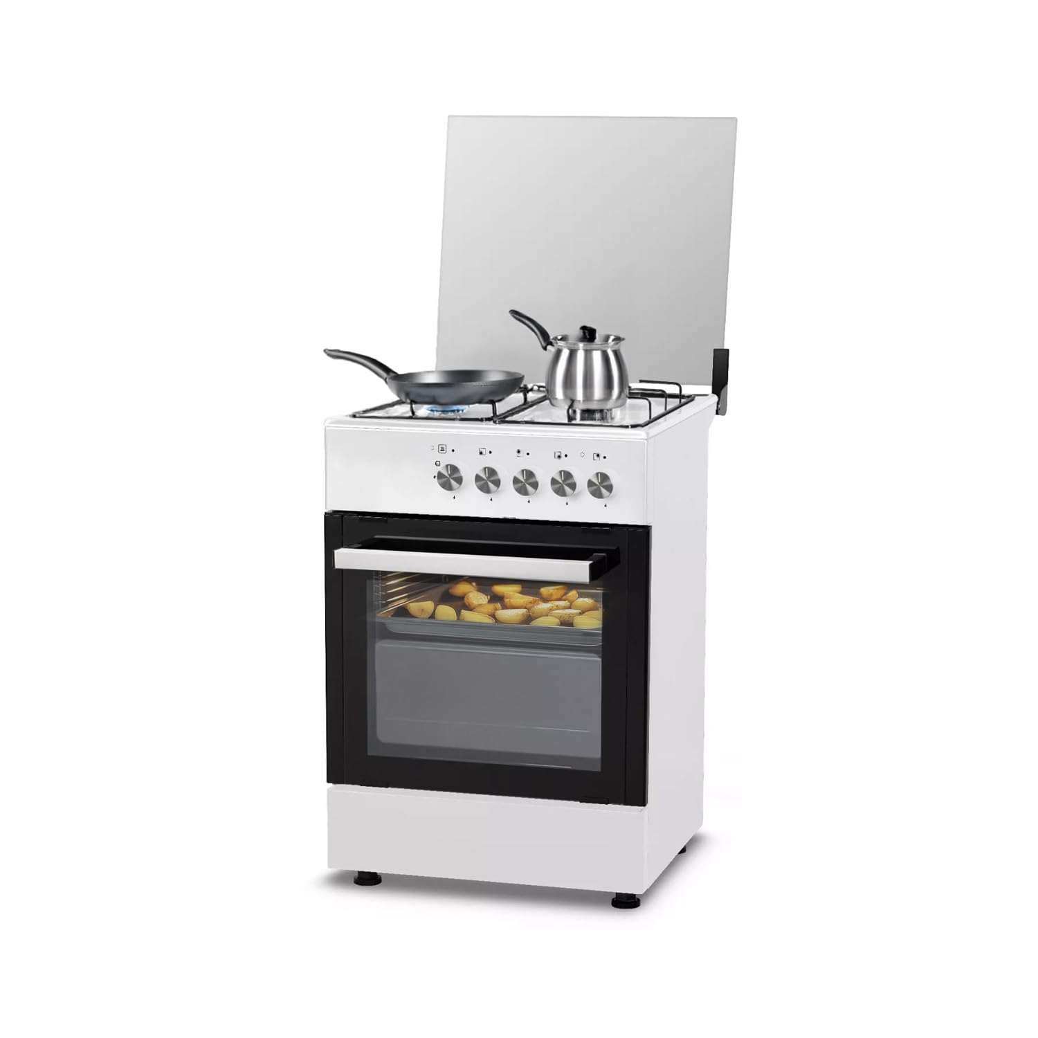 Avilia Forno a Gas con Forno Elettrico Integrato - Piano Cottura con 4 Fuochi e Lastra Coprifuochi Smaltata, Manopole Frontali,Aggancio GPL Standard, Volume Forno 51-55L, 1100W, 60x60x60cm, Bianco
