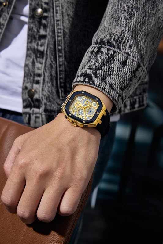 Image of Giordano Analog Quartz Watch for Men with Octagonal Skeleton Dial, Exposed Gear Design, Date Display and Silicone Strap - GZ-50221