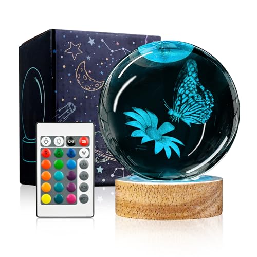Image of 3D Crystal Ball Night Light with Wooden Base, 3.15 inch Butterfly & Flower Figurine Glass Lamp with 16 Colors, Cute Desk Decor for Bedroom Gifts