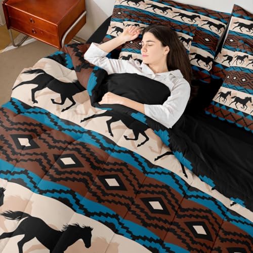 Image of Erosebridal Black Galloping Horse Bed in a Bag King Size Comforter Set 7-Piece | Western Bedding Sets Exotic Aztec Comforter and Sheet Set, Nordic Style Boho Tribal Wild Animal Room Decor,Blue Brown