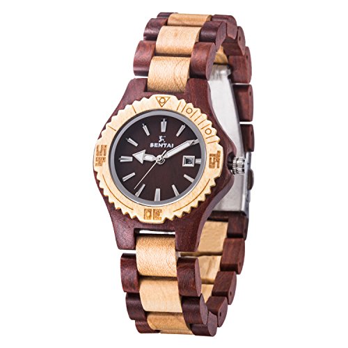 Sentai Wood Watch, Womens Handmade Wrist Watch with Adjustable Band, Date Calendar, Luminous