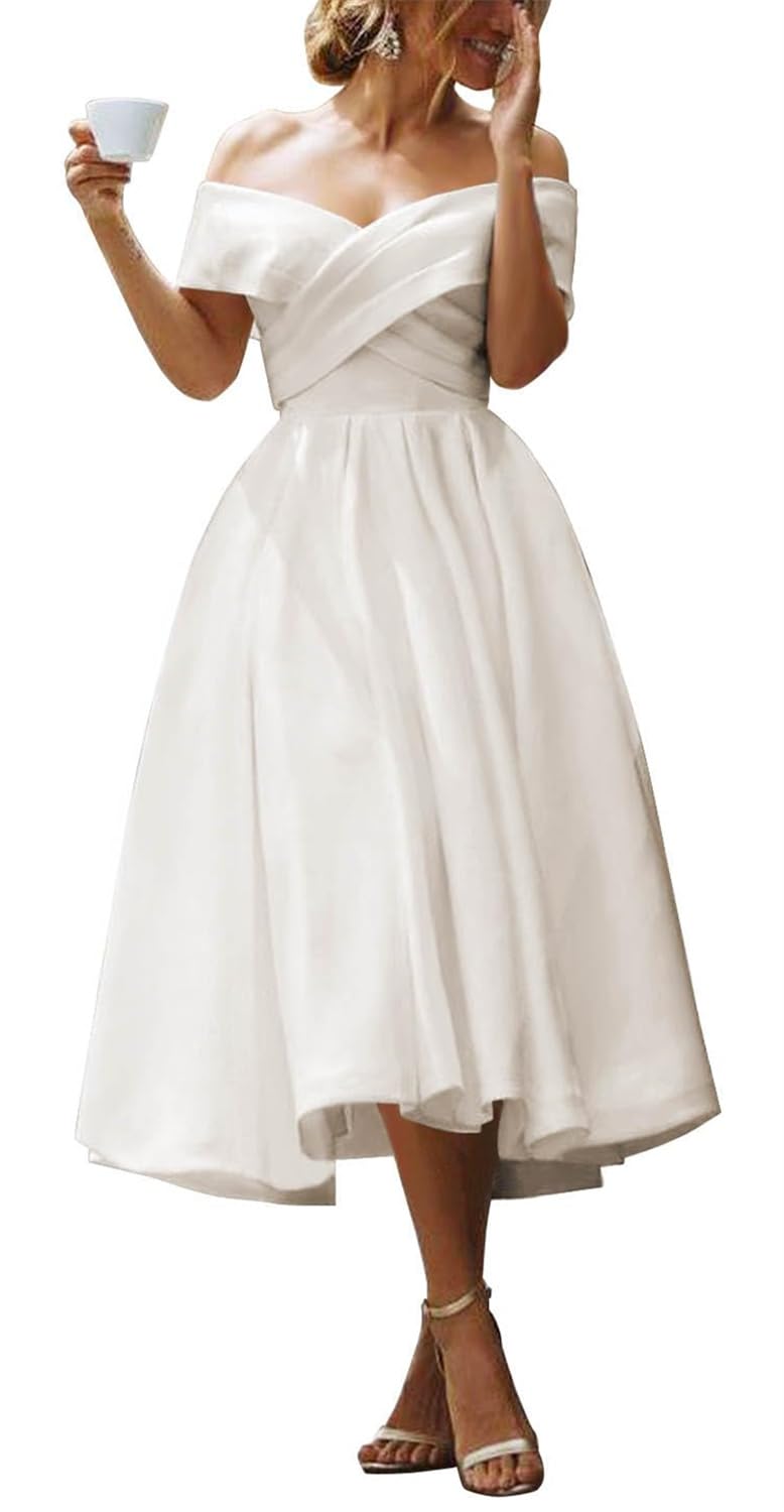 KIYNE Ivory Prom Dresses for Teens Pleated Off Shoulder Tea Length Formal Evening Dress A Line Corset Ball Gown UK18