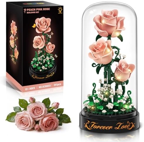 HiWEEGO Rosa Blumen Rosen Bausatz mit LED Licht & Abdeckung 241 Teile | 3.6MM Rosen Bausteinset Blumenstrauß Baustein Spielzeug, Botanische Kollektion Valentinstagsgeschenk für Mäd