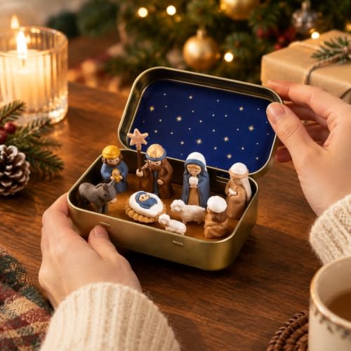 Mini Christmas Nativity Set in a Tin Box, Handcrafted Holy Family Figurines - image 7