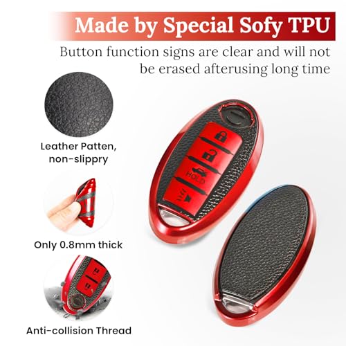 Image of for Nissan Key Fob Cover with Leather Keychain, Advanced Soft TPU Surface Grain Key Case for Nissan Key Shell (4 Button only) (Red, Leather Buckle)
