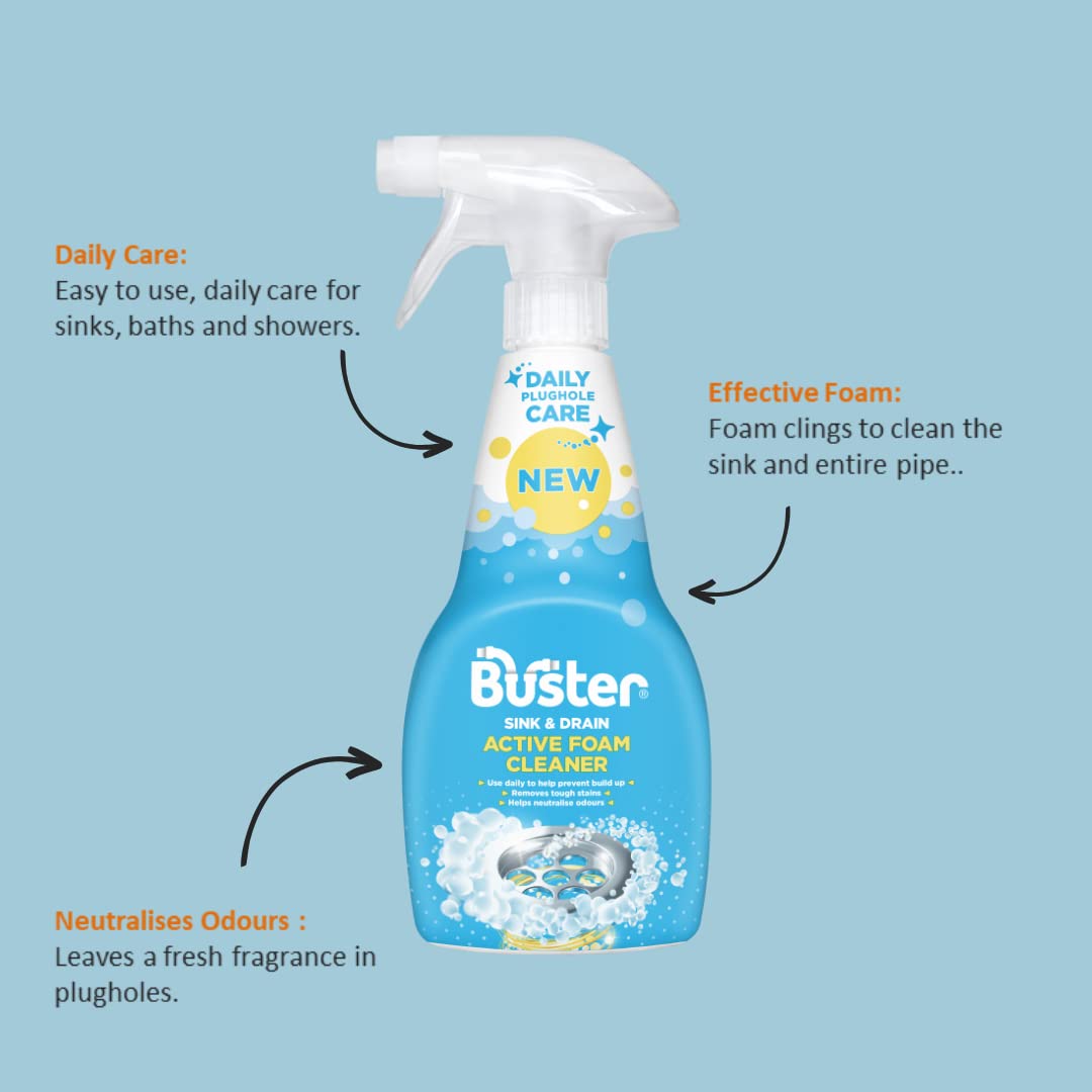 BUSTER Active Foam Sink & Drain Cleaner 500ml x 2 - Sink Cleaner to Remove Limescale & Stains - Daily Plughole Foam Cleaner & Odour Eliminator – Foam Cleaner for Sinks, Showers, Drains and Plugs