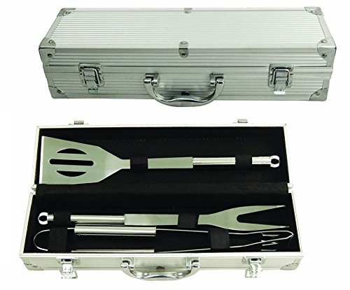 US Office Elements 3 Piece Stainless Steel BBQ Set with Storage case, Grill Utensils Set Includes BBQ Accessories Fork, Spatula, Tongs - BBQ, Mens Wedding Registry, Ideas