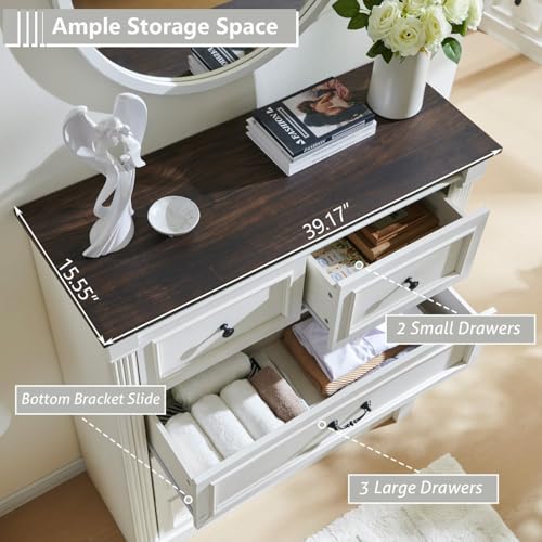 Image of Farmhouse 5 Drawers Dresser for Bedroom, 46 inch Tall Dressers & Chests of Drawers w /Roman Column, Large Storage Dressers Organizer for Bedroom, Hallway, Living Room, White