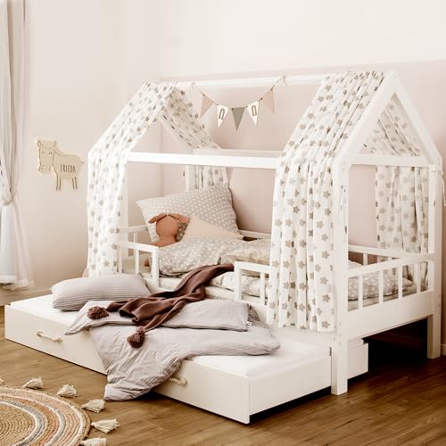 Puckdaddy® Carlotta Hausbett 90x200 mit Ausziehbett, Rausfallschutz u....