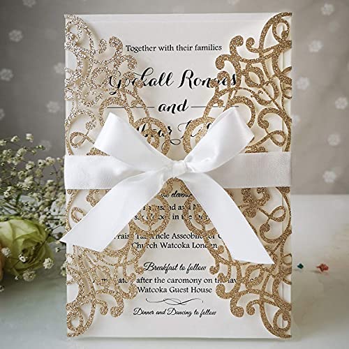 KUCHYNEE 5.12x7.28 Inch 20PCS Blank Gold Glitter Wedding Invitations Kit Laser Cut Hollow Flora Pocket Quinceanera Invitation Cards with Envelopes for Wedding Birthday Invite