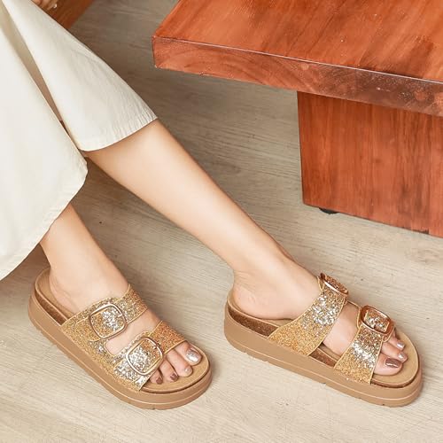 Image of Womens Platform Sandals Cork Footbed with Comfort Double Buckles,Slip on Platform Slides Summer Beach Wide Widths Sandal Shoes