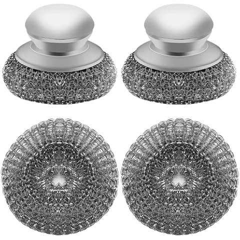 2Pcs Stainless Steel Wool Scrubber with Handle，2 Replacement Steel Scrubber Wool Pads for Cleaning Dishes, Metal Scrubber Pot Scrubbers Can Clean Iron Pots, Stoves, Barbecue Grills, Wash Sink Cover
