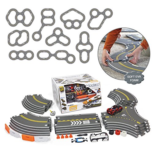 Modarri Delux Street Trackset | Race Car Track Building System | Build a Car Included Soft Eva Foam | 20 Track Pieces, 11 Driving Accessories, and 14 car Pieces in one Pack! STEM Toys
