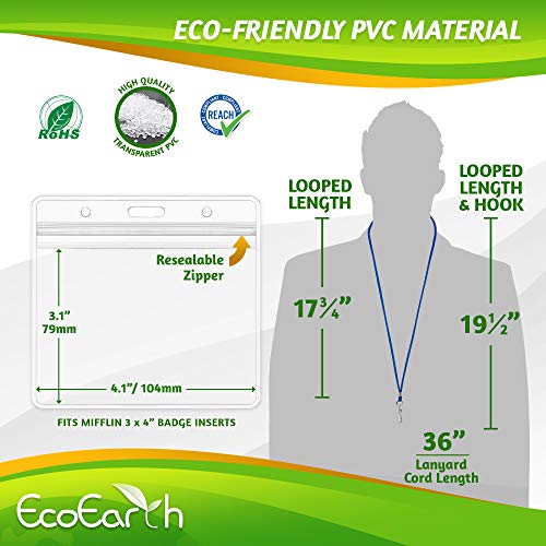 EcoEarth ID Badge Holder with Lanyard and Paper Kit (Blue Lanyards, Clear 3x4" Tag Holders, 100 Pack) 3-Piece Set of Plastic Pouch, Lanyard, and Name Card All-in-One