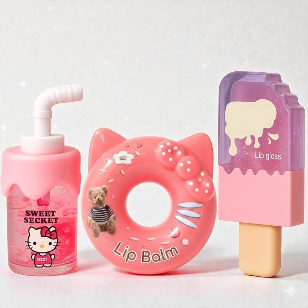 Cute Cartoon Lip Balm & Lip Gloss Set for Girls, Donut Lip Balm, Ice Cream Lip Gloss, Sweet Secret Moisturizing Lip Care Kit, Hydrating Glossy Lip Makeup for Kids Teens Women, Kawaii Cosmetic Gift Set. (3 Pcs)-image-15