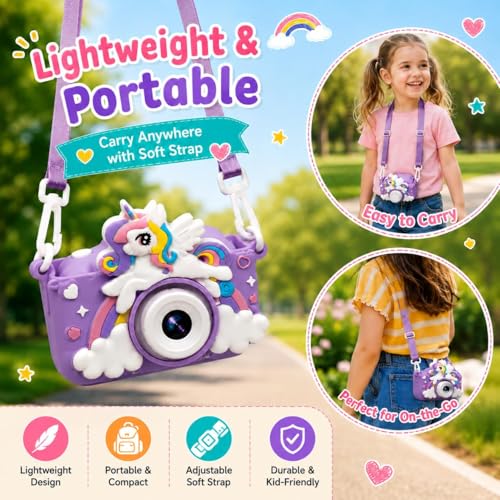 Image of Brand Conquer Kids Camera for Girls with Unicorn Design, HD Digital Camera for Children Age 3-10, Rechargeable Mini Toddler Camera with 2.4 inch IPS Screen, Selfie, Video Recording, Games & Strap (Purple)