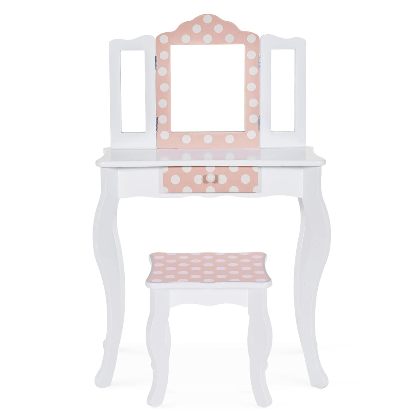 IDMarket - Tocador infantil Roza blanco y rosa con 3 espejos y taburete