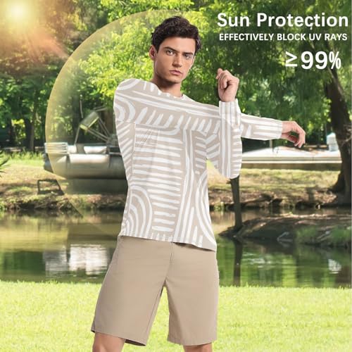 Light Yellow Stripes Men's UPF 50+ Swim Shirts Classic Crew Neck Long Sleeve Sun Shirt for Men Long Sleeve Beach4