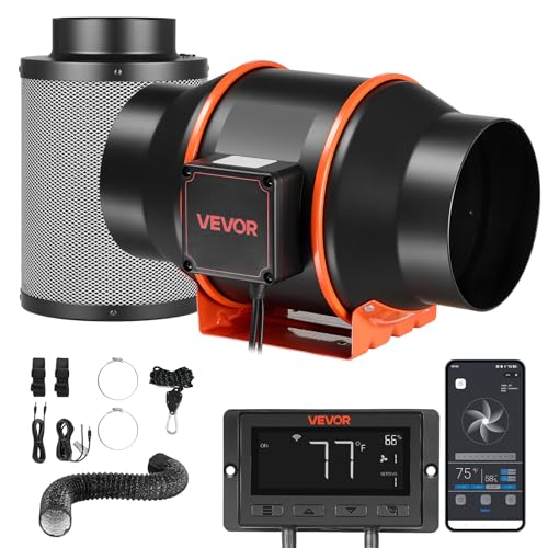 VEVOR Kit Ventilateur de Gaine à Flux Mixte avec Filtre à Charbon 683 m³/h, Extracteur d'air en Ligne 152,4 mm pour Tente de Culture, 10 Vitesses, Moteur...