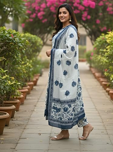 Image of Yash Gallery Women's Indigo Floral Print Plus Size 3-Piece Kurta Set with Pant & Dupatta | Calf-Length Kurta, Round Neck with V-Slit & Contrast Border | Daily /Office Ethnic Wear