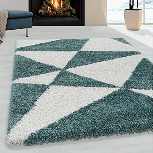 Tapis design à poils longs d'architecte motif abstrait bleu 240 x 340 cm