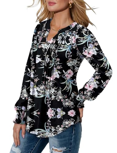 BETTE BOUTIK Long Sleeve Shirts for Women Fall Tops Dressy Blouses Pleated V Neck Tunic Tops for Leggings S-3XL